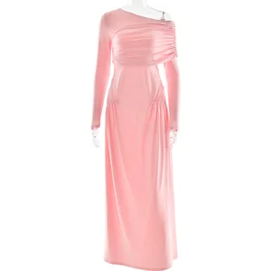 2026 Women's Elegant Off-Shoulder Bodycon Dress Long Fashion Solid Floor-Length Party Gown Front for Autumn