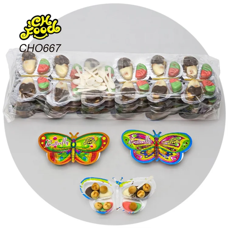 Wholesale 5in1 Four Flavor Chocolate Jam with Mini Cookie Ball OEM Butterfly Shape Chocolate Bisuits Candy Toy for Kids Halal
