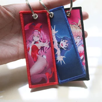 Customized Double Sided Anime Pretty Girl Logo Sublimation Printing Fabric Embroidery Woven Keychains for Souvenirs