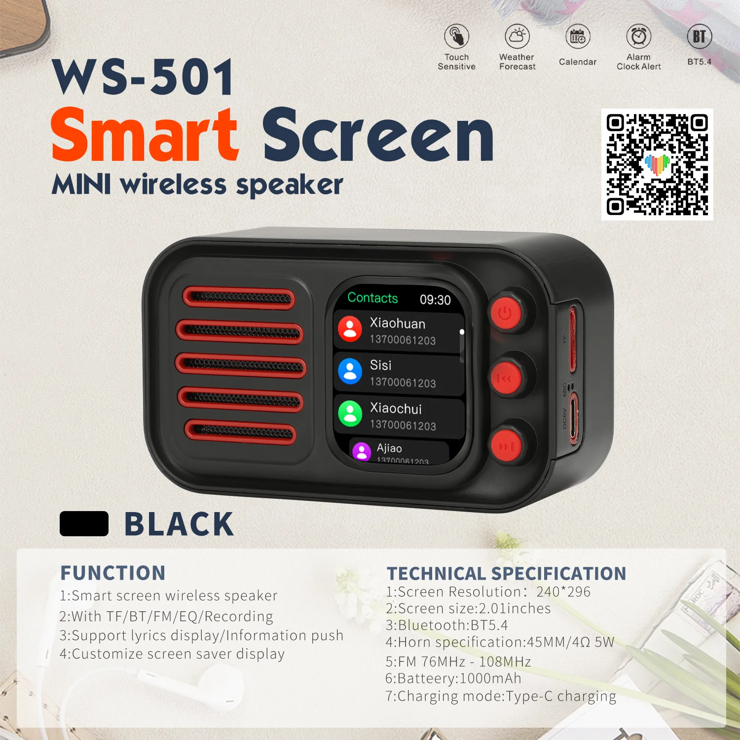 New Model Smart Screen Wireless Speaker WS501 Mini Portable Speaker Customize Screen Display