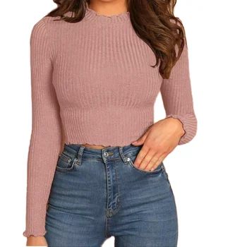 Women's Elegant Solid Color Long Sleeve Top for Spring/Summer Knitted Fashion Crewneck Stretch T-Shirts
