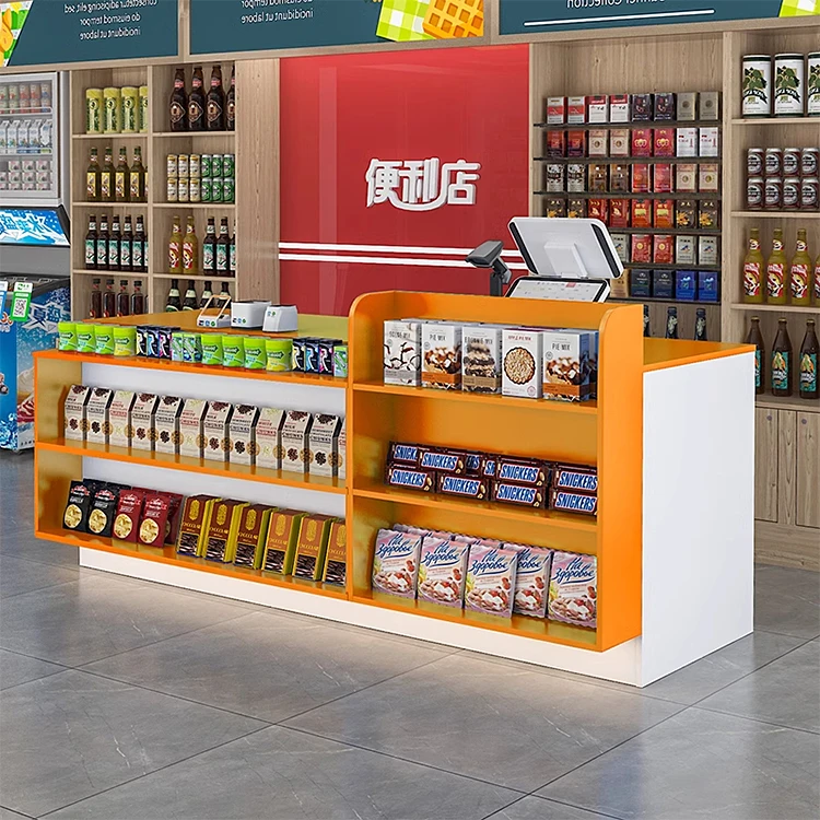 Supermarket Cashier Desk Grocery Wooden and Steel Convenience Shop Checkout  Counter With Shelves