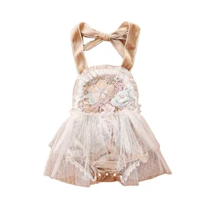 2022 Infant Clothes Princess Baby Girls Summer Rompers Flowers Embroidery Mesh Lace Strap Sleeveless Belt Toddler Jumpsuits