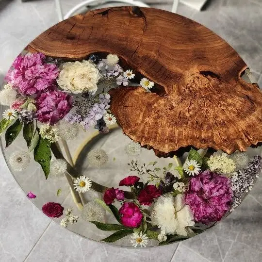 Handcrafted Resin and Wood Table with Floral Inlay Unique Epoxy Resin Art Table
