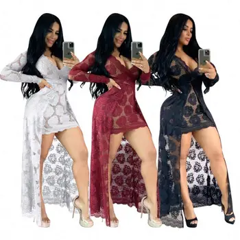 Womens Long Sleeve Lace Dress Maxi Mesh Bodycon Sexy lingerie White Black Red Transparent Lace Deep V Dresses For Women