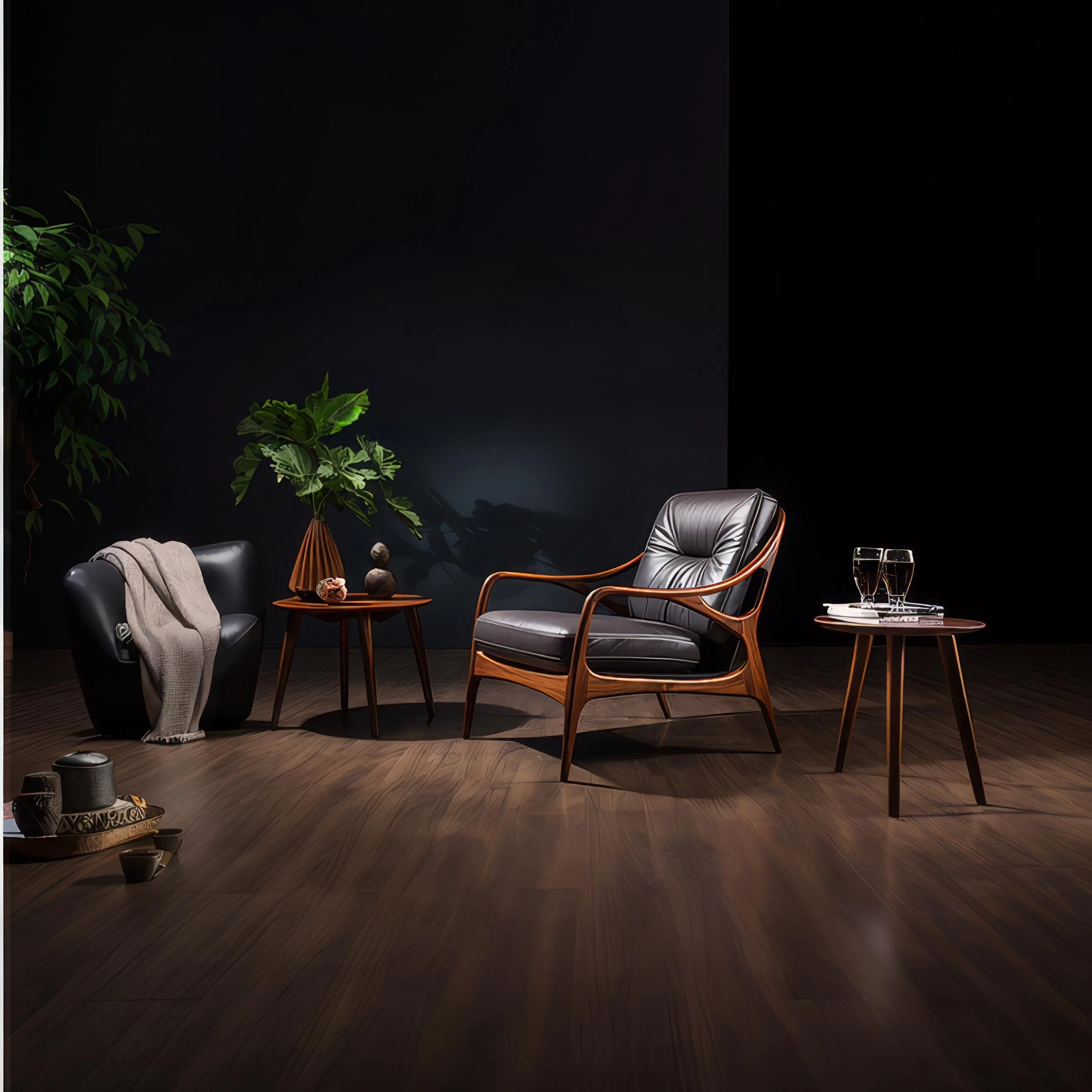 Elegant Modern Black Leather Armchair with Wooden Frame - Stylish ...