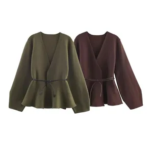 Foreign Trade Wholesale New Women's Fashion Korean Style Loose Long Sleeve Belt Solid Color Autumn Sweater V-neck Polyester