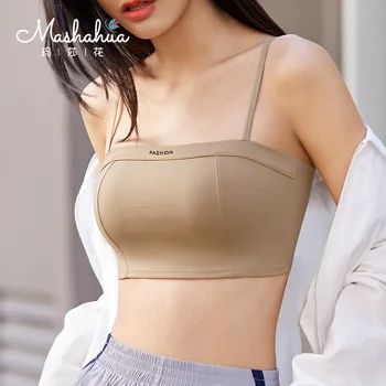 Women's Summer Solid Breathable Outerwear Thin Traceless Embroidered Bra Anti-Slip Cotton Modal Sling Tube Top Beautify Back