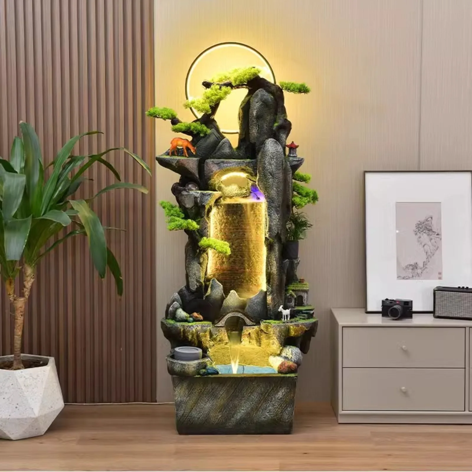 Large Decorative Indoor Zen Waterfall Fountain With LED Lighting Natural  Rock Formation Bonsai Tree Accents and Water Wheel