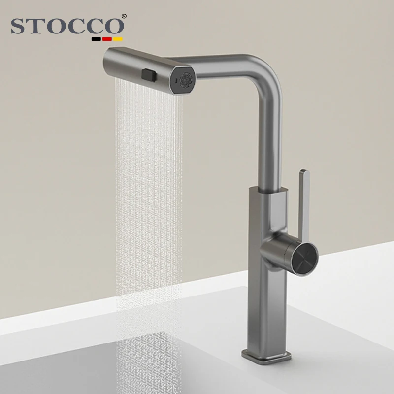 STOCCO Modern Design Single Hole Deck 3 Way Pull Waterfall Kitchen Faucet Brass Material Ceramic Unique Gun Cold Water Tap Pull