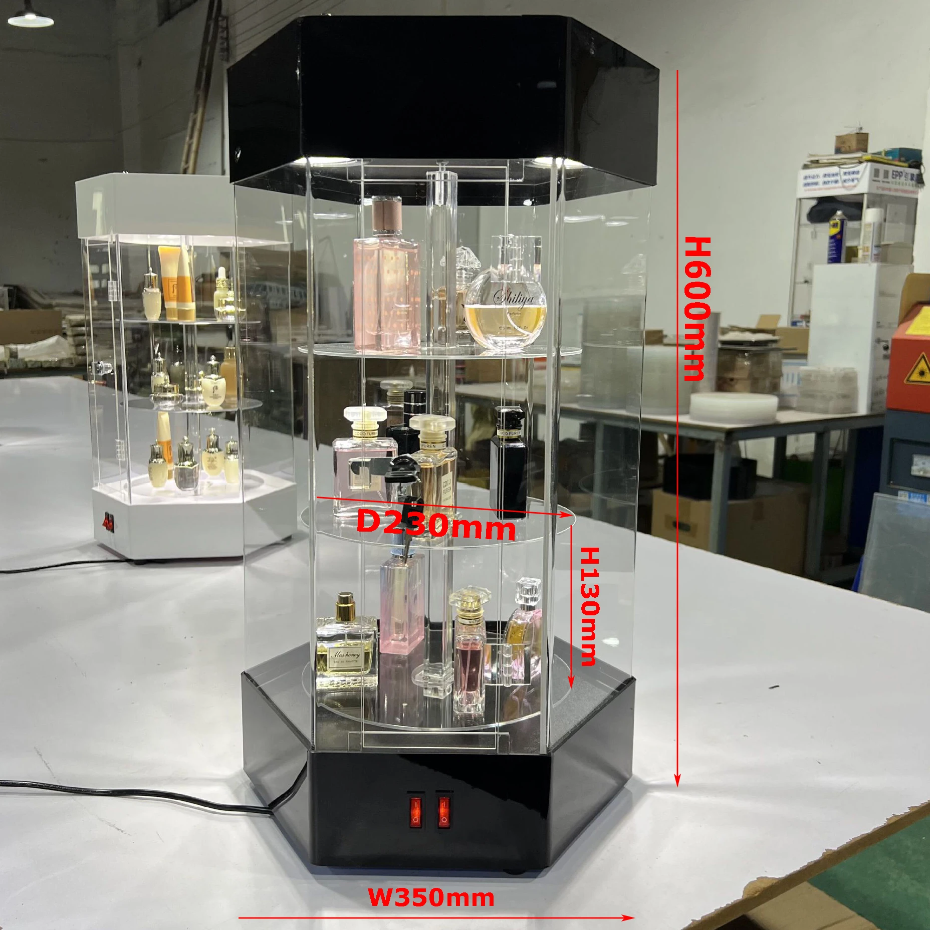 Factory Wholesale Hexagonal Rotating Acrylic Display Cabinet with Round Tiered Shelves,top LED Light System and Lockable Door