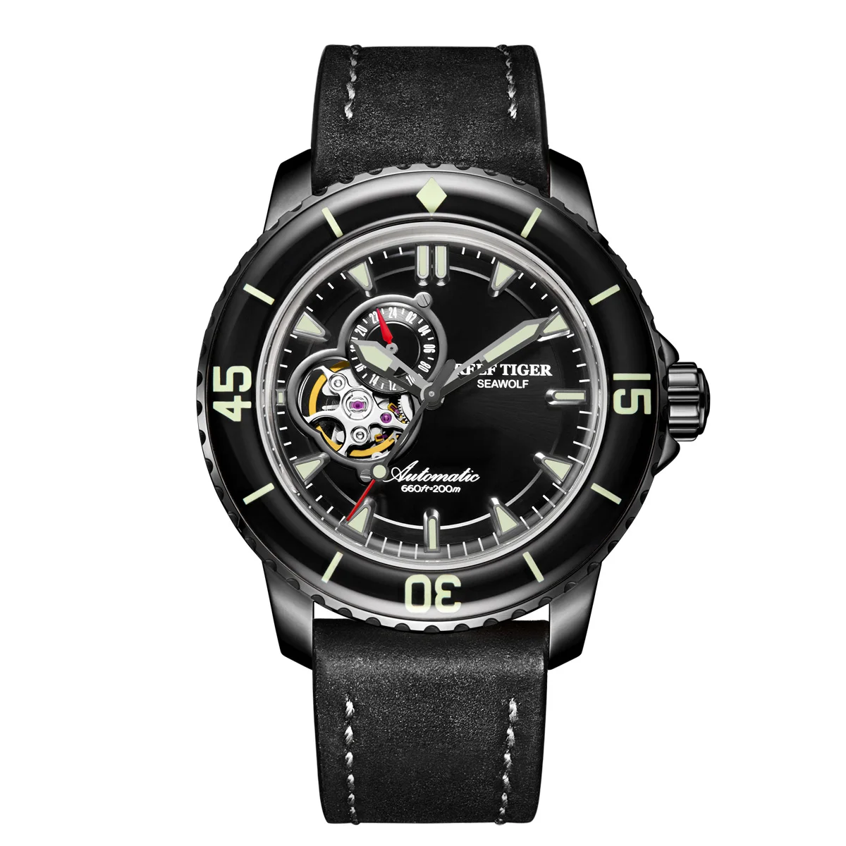 Reef Tiger Black Automatic Dive Watches Men 200m Waterproof