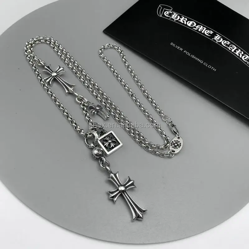 Vintage Chrome Heart Necklace Jewelry Cross Pendant Long Cross Double ...