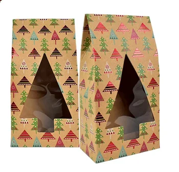 Eco friendly brown stand up gifts kraft paper bags with tree shape window for cookie packaging