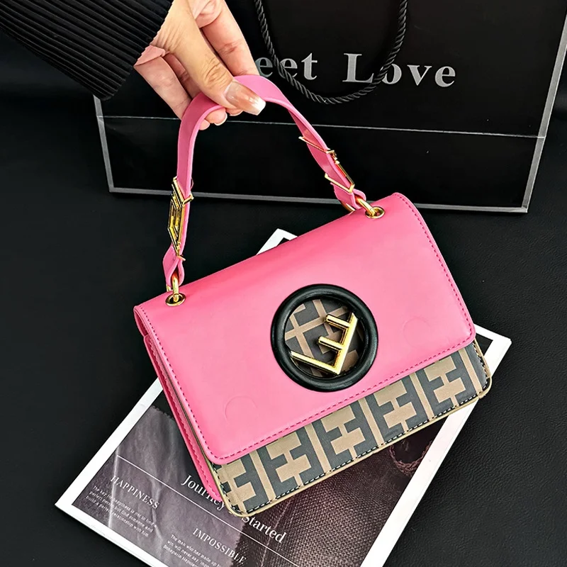 Wholesale Fashion Women Lady Hot pink Clutch Handbag Small square Leather Tote Bag with Handle