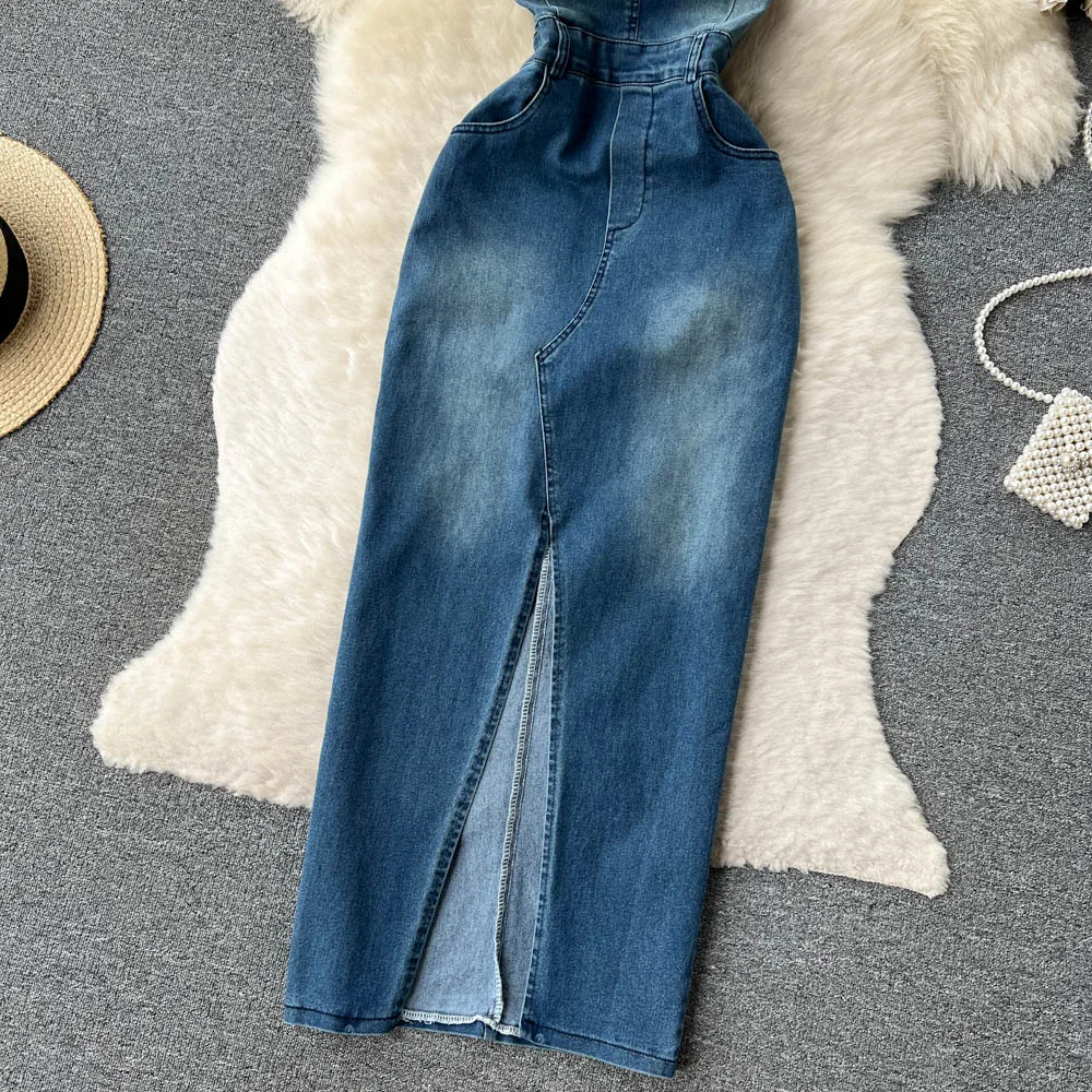tight denim dress Fitted Tight Blue Denim Dress Hot Tight Fitted Denim Dress On Sale Tank straps SCACTO Sleeveless Long Tie Waist-tight