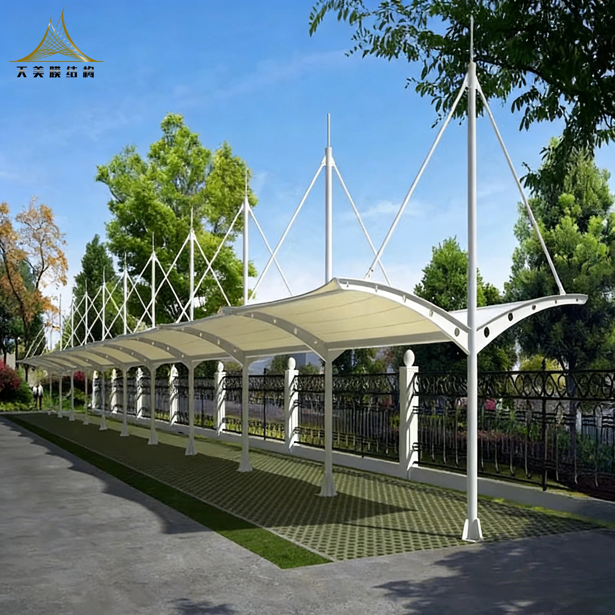 Professional Steel Truss Frame PVDF Fabric Roof CE Certified High Wind Resistance Durable 15-30 Year Lifespan Car Parking Canopy