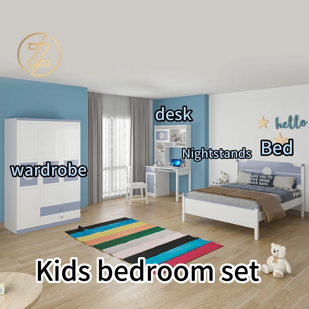 Blue Kids Bedroom Furniture Set For Boys 4 Pieces Solid Wood Bedroom Sets For Kids Wooden Kids
