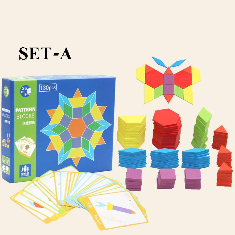 130 PCS Wooden Pattern Blocks Geometric Shape Puzzles Classic Educational Toys Tangrams Set for Kids with 24 Design Cards