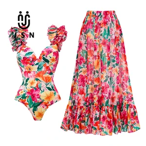 JSN Monokini Print Mesh Bathing Suits Swim Suit  2026 Sexy V Neck One Piece Swimsuit Women Ruffle Swimwear With Skirt