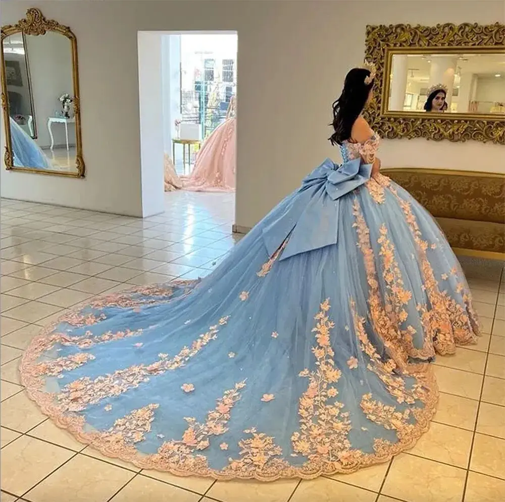 Alibaba.com: Sky Blue and Pink Lace Off-Shoulder Quinceanera Dress MQ759,  16 Years Ball Gown Vestido de 15 Aos : Source customizable options and  certified suppliers for bulk orders