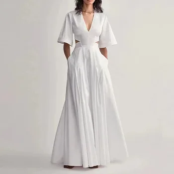 High end custom women's summer clothing V-neckline, pure white Maxi pleats at the waist, elegant and gentle women's clothing