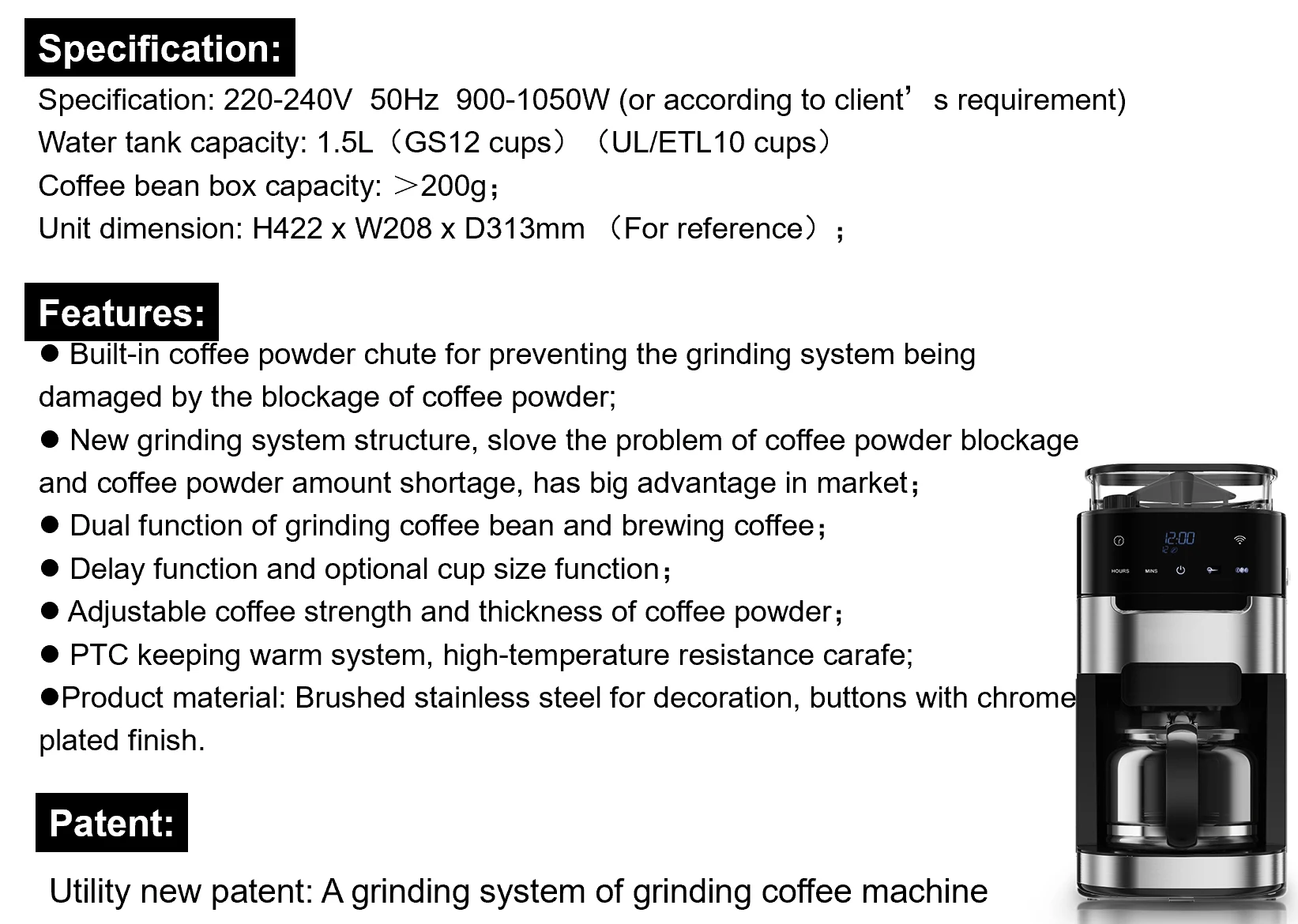 Oem Wifi 1.5l Black Automatic Drip Coffee Machine With Grinder Coffee