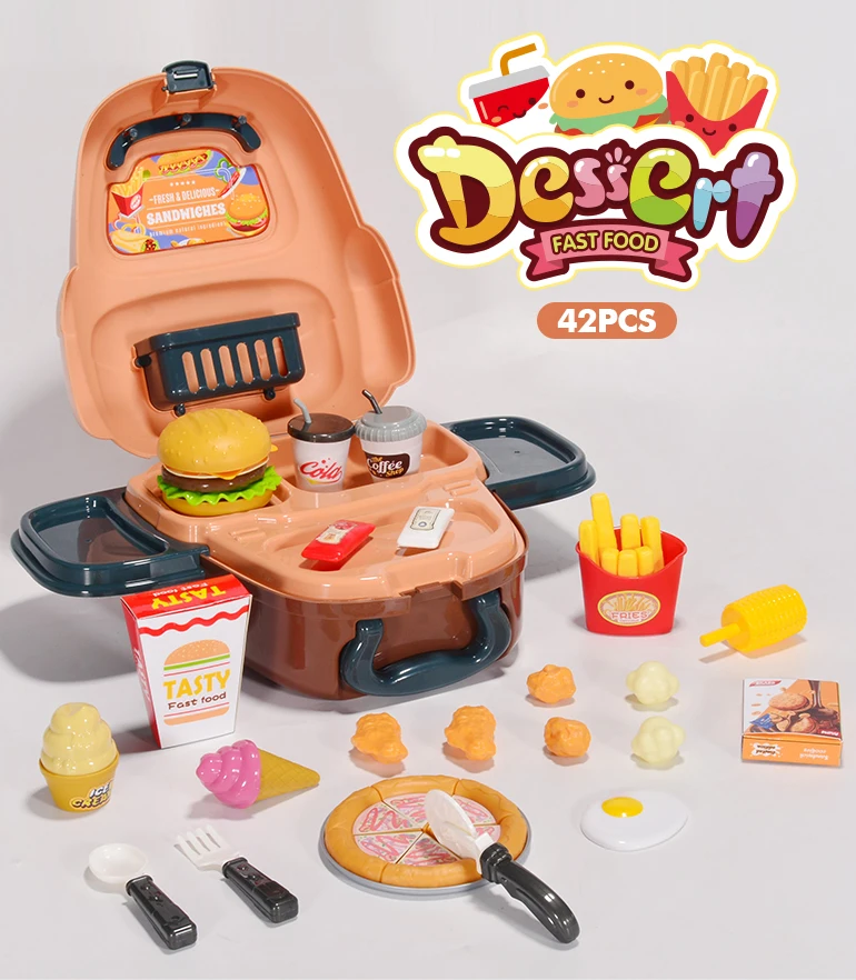 42pcs play house game picnic pretend kitchen toys backpack hamburger fries toy set kids fun fast food burger toy