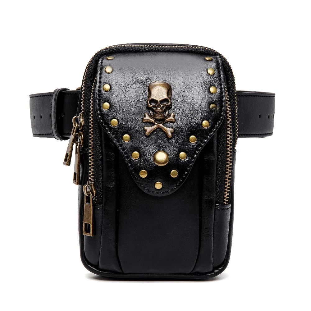 Black and Gold Gothic Skull Rivet Shoulder Waist Messenger Bag 