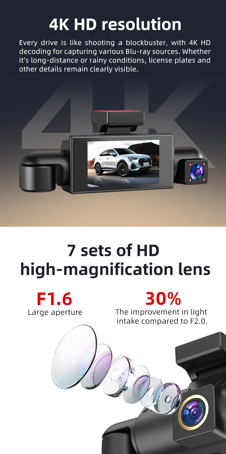 High-end Dash Cam Front and Rear 4k Inside Outside DVR 3.0 Inches LCD 4 Channel Black Box F1.6 with Wifi App Parking Monitoring supplier