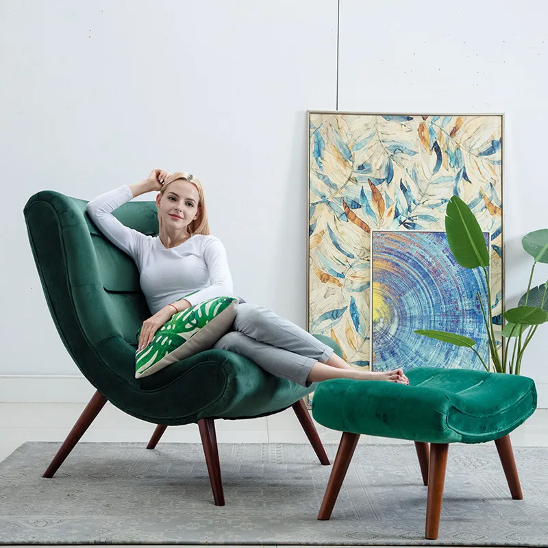 HANYEE Lounge Chair Modern Wood Recliner with Velvet Fabric