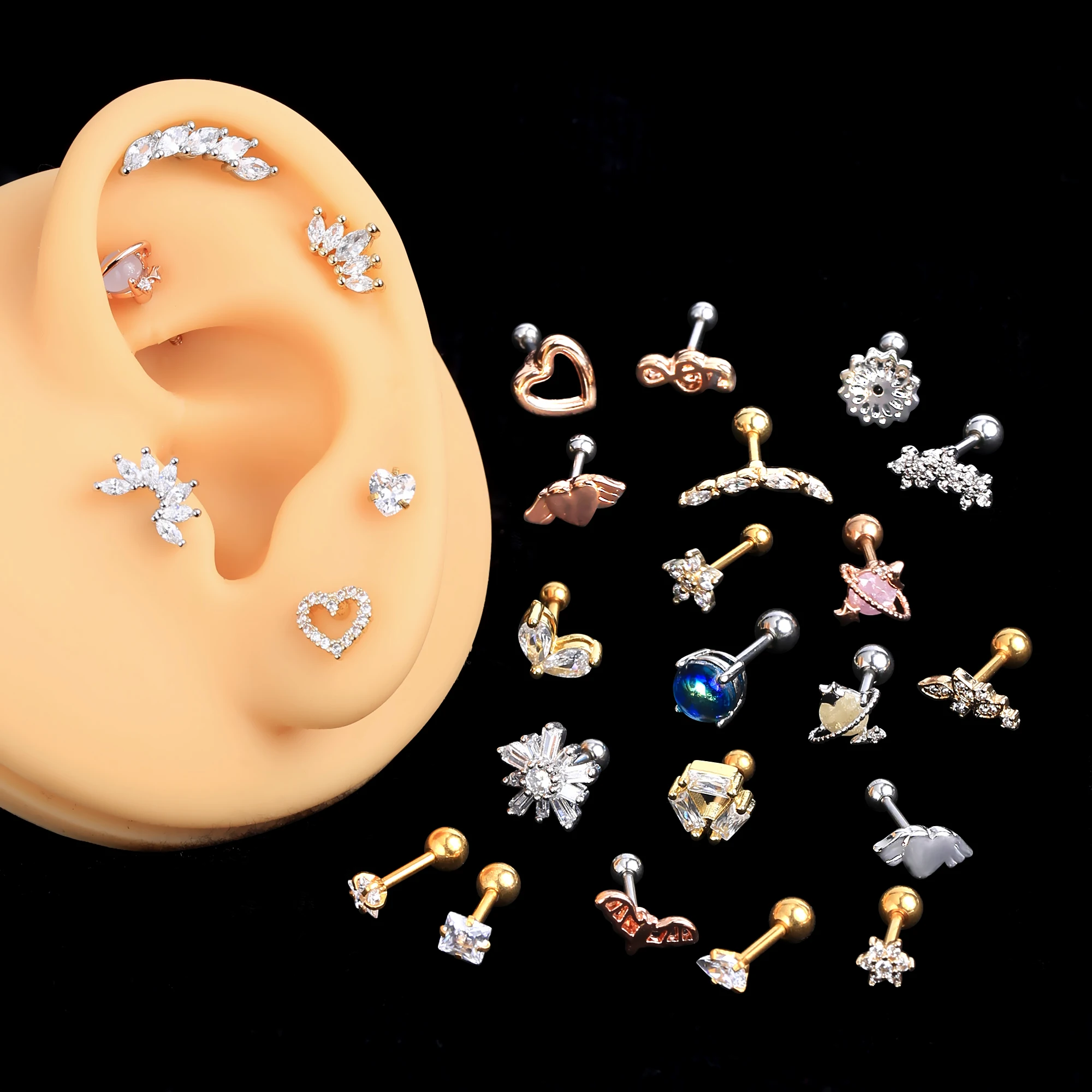 thumbnail image 2 of 36Pcs 316L Surgical Steel Cartilage Hoop & Stud Earrings Set – Nose Rings & Piercing Jewelry With Cubic Zirconia 2 of 6