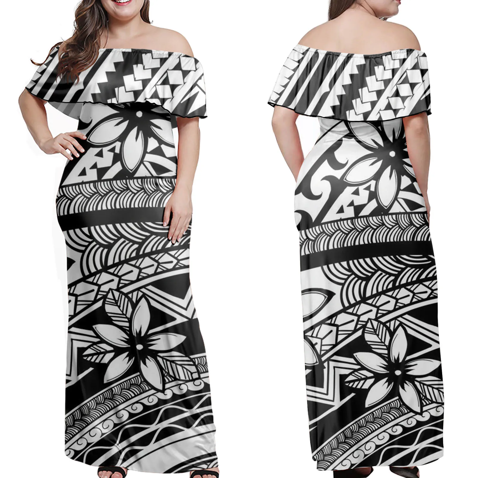 Polynesian dress - Hawaiian dress 2024 - Black white Samoan cotton maxi dress - High waist dress - Size XS-5XL