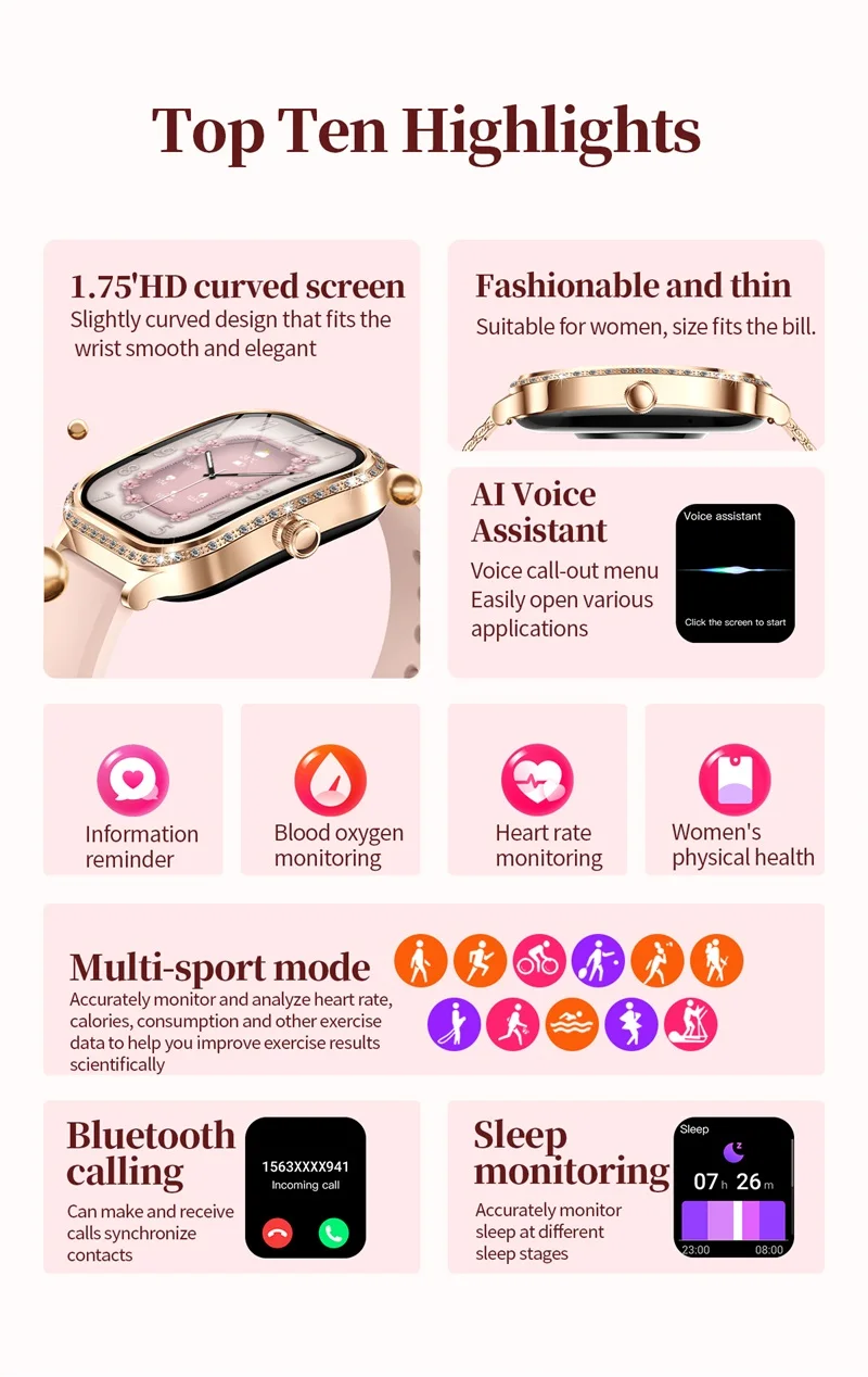 MK88 Smartwatch 1.75" HD Curved Screen BT Call Music Control Heart Rate Reloj Smart Watch for Ladies Women Sport Smart Watch