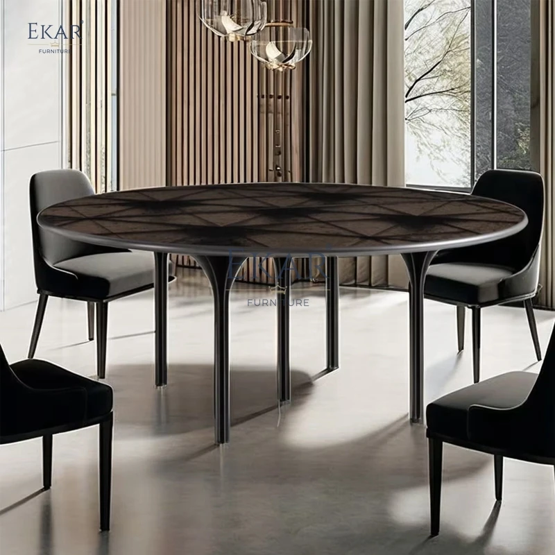 product elegant modern round dining table sturdy metal base  glass top for home villa hotel kitchen dining room furniture-59