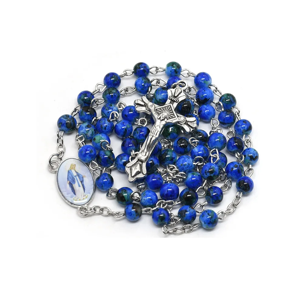 Customized Religious Jewelry Glass Beads Jesus Rosary Beads Catholic Cross  Bead Long Jesus Rosary Necklace for Women