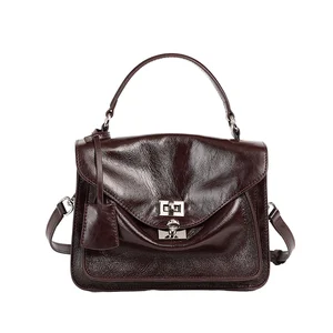 Women's Vintage Genuine Leather Envelope Shape Messenger Bag Cover Crossbody Shoulder Handbag Polyester Lining Chain Strap