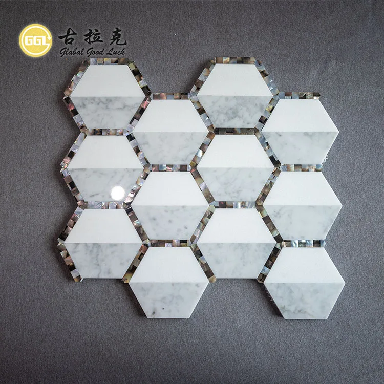 Hexagon Shape Thassos White Marble Mix Shell Waterjet Mosaic Tiles