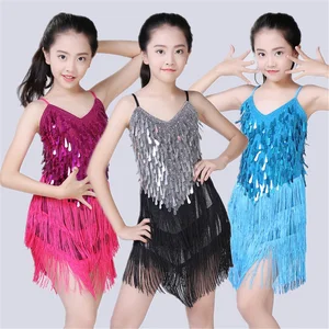 Girls Ballroom Children Latin Costume Soft and Comfortable Spandex Sequined Fringed Dance Skirt Fashion Sling Stage Costume