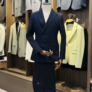Italian Classic Men's Suit Set Wholesale Luxury Wedding Suits High Quality 3 Pieces Double Breasted Velour Anti-Static Beaded