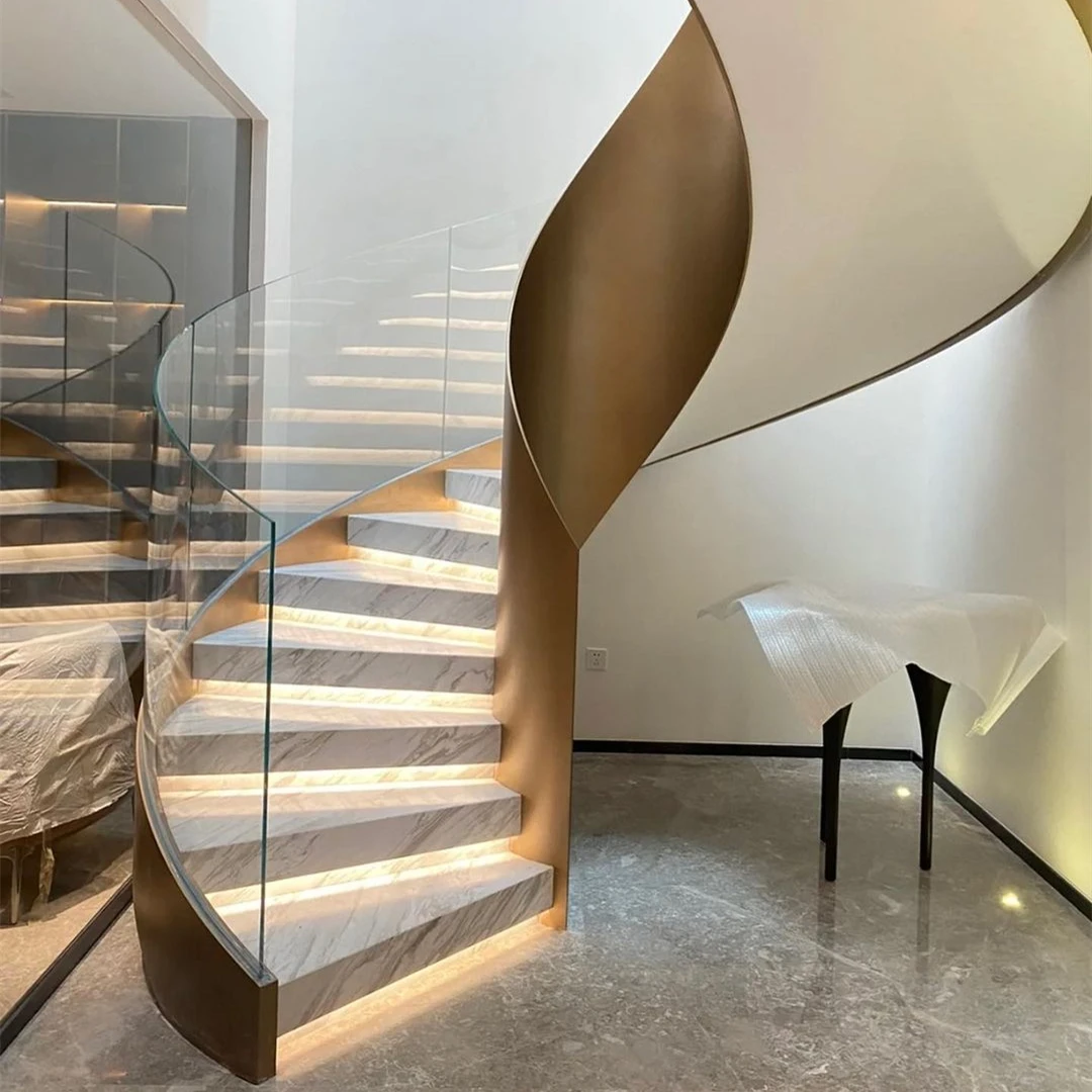 Natural Stone Curved Stairs Design  Glass Staircase Railing Tiles Tread White Panda Marble Stairs