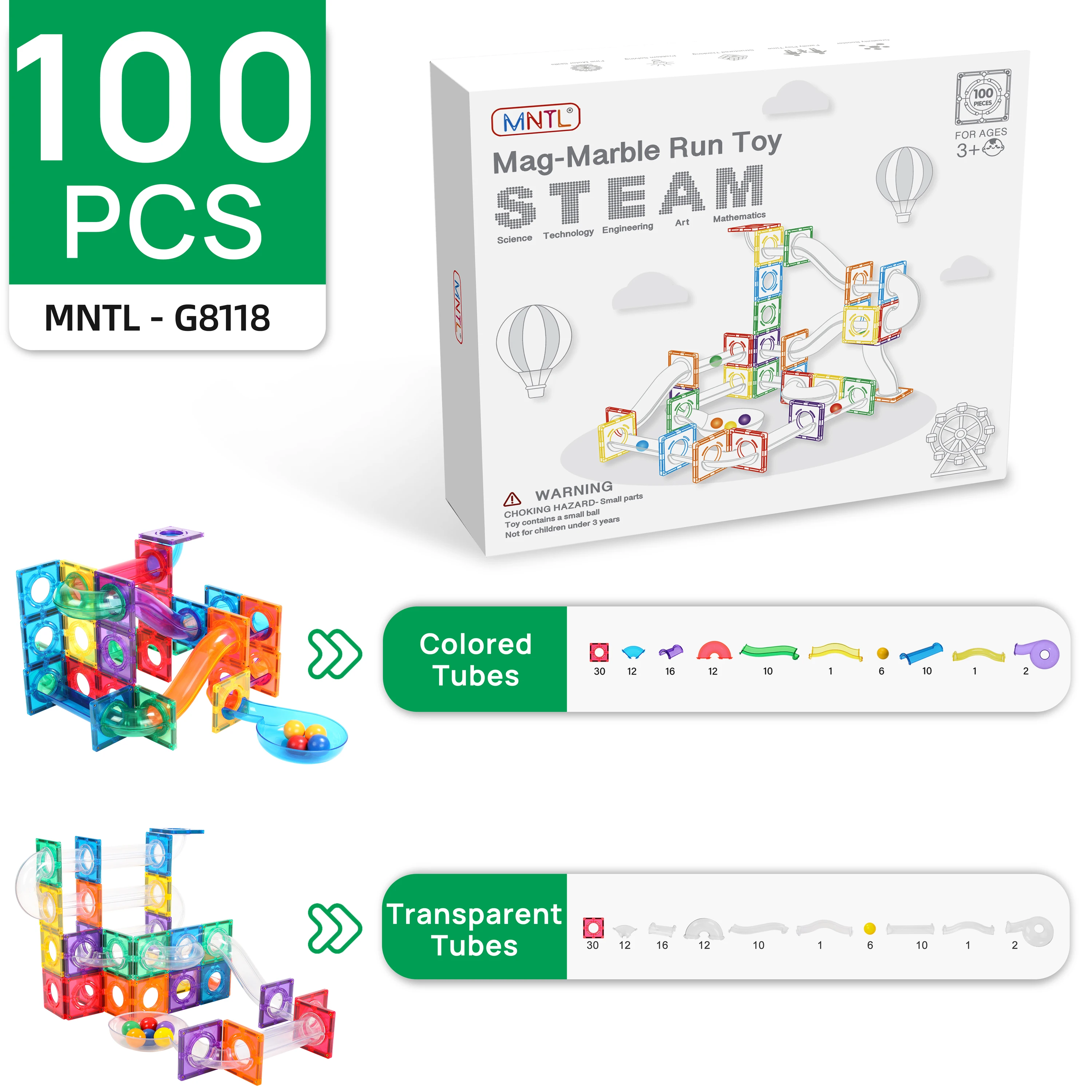Mntl Self Assemble Magnetic Tile Marble Run Race Educational Kids Toy100 Pcs Magnetic Tiles Connecting  Blocks for Kids