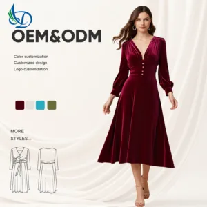 Velvet V-neck Long Dress with Retro Style and Anti-static, Suitable for Autumn Evening Dresses