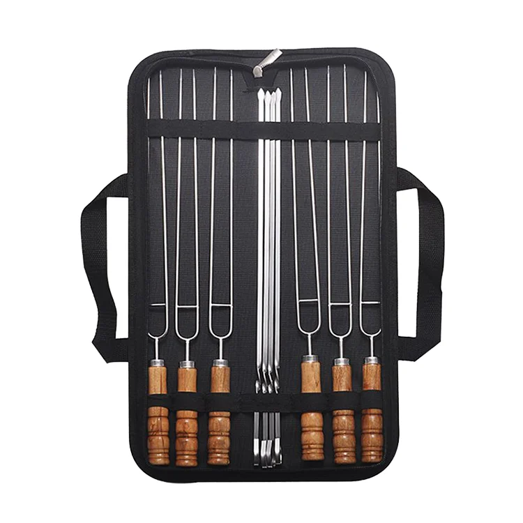 10 Piece Wood Handle Stainless Steel BBQ Tools Set Grill Skewers U-Shape Roasting Forks & Long Sticks for Outdoor Camping Party