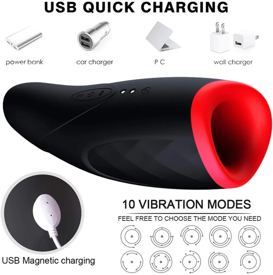 Vibromasseur Pour Homme - Vagin Artificiel Vibrant Avec Suction, Silicone Noir