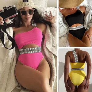 2023 European American Style Sexy One-Piece Swimsuit Thin Breathable Material One-Shoulder Small Strip Splicing Popular Export