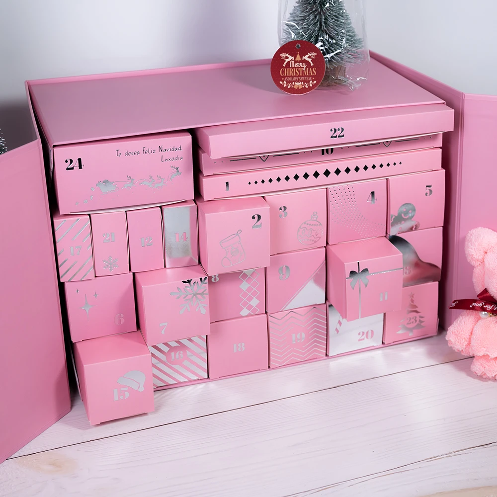 High-end Silver Stamping Customized logo Double Door Valentine's Day Magnetic Closure Pink Calendar Blind Gift Box