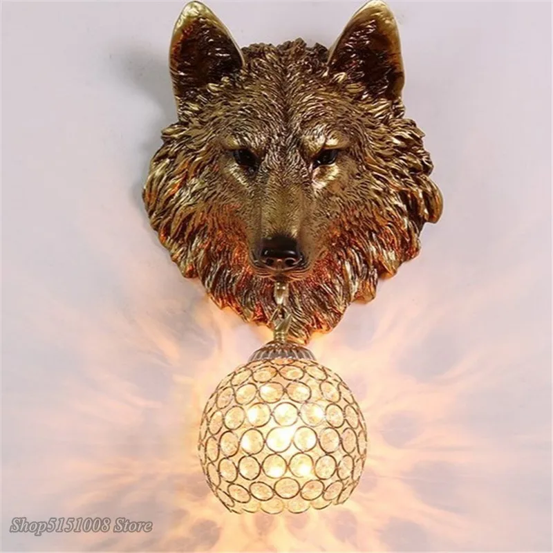 Vintage Resin Wolf Wall Lamp Led Crystal Wall Sconce Light Fixtures for Living Room Bedroom Loft Wall Light Home Decor Luminaire