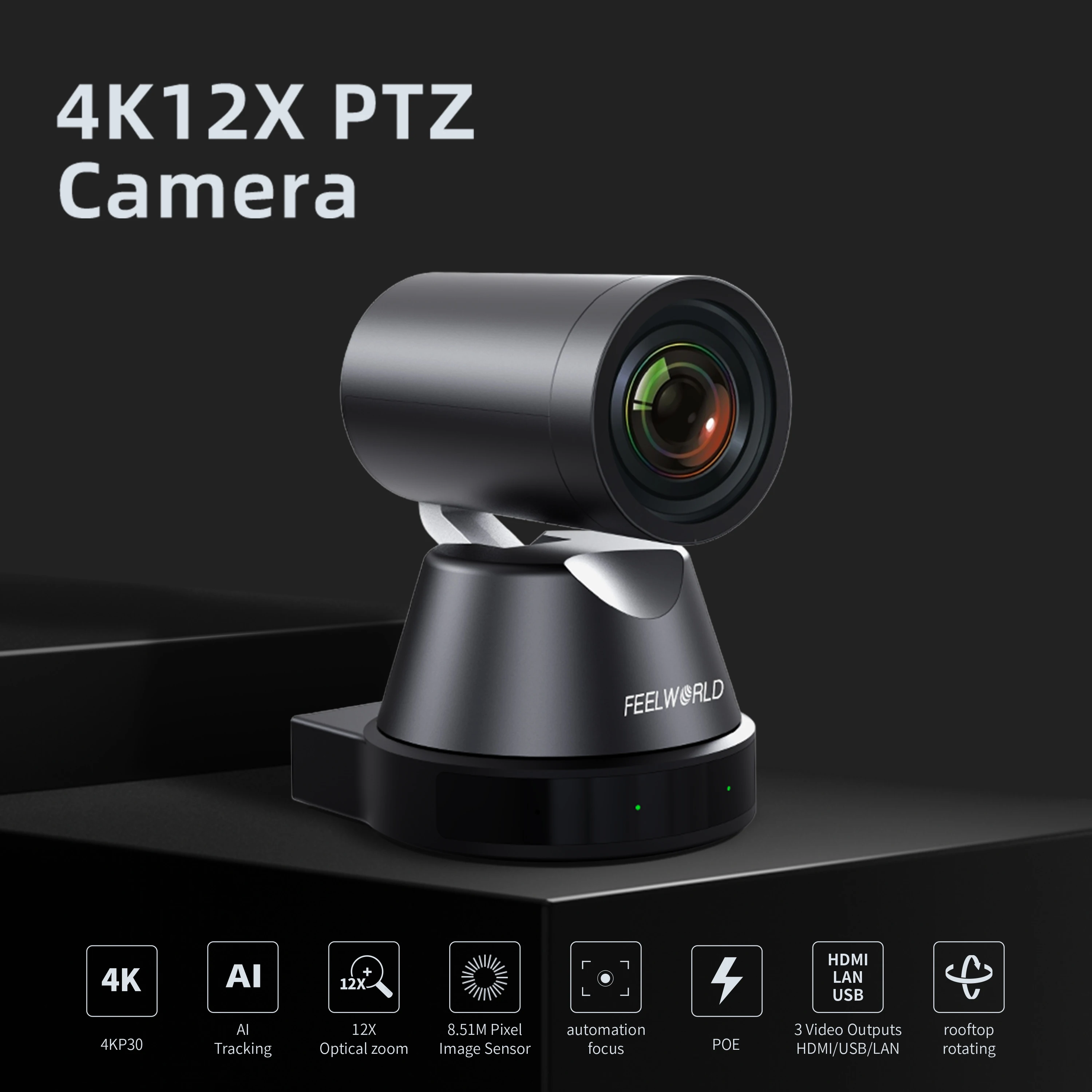 FEELWORLD 4K12X PTZ Camera with Auto Tracking & 12X Optical Zoom for Live Streaming, OEM/ODM Factory Direct Wholesale