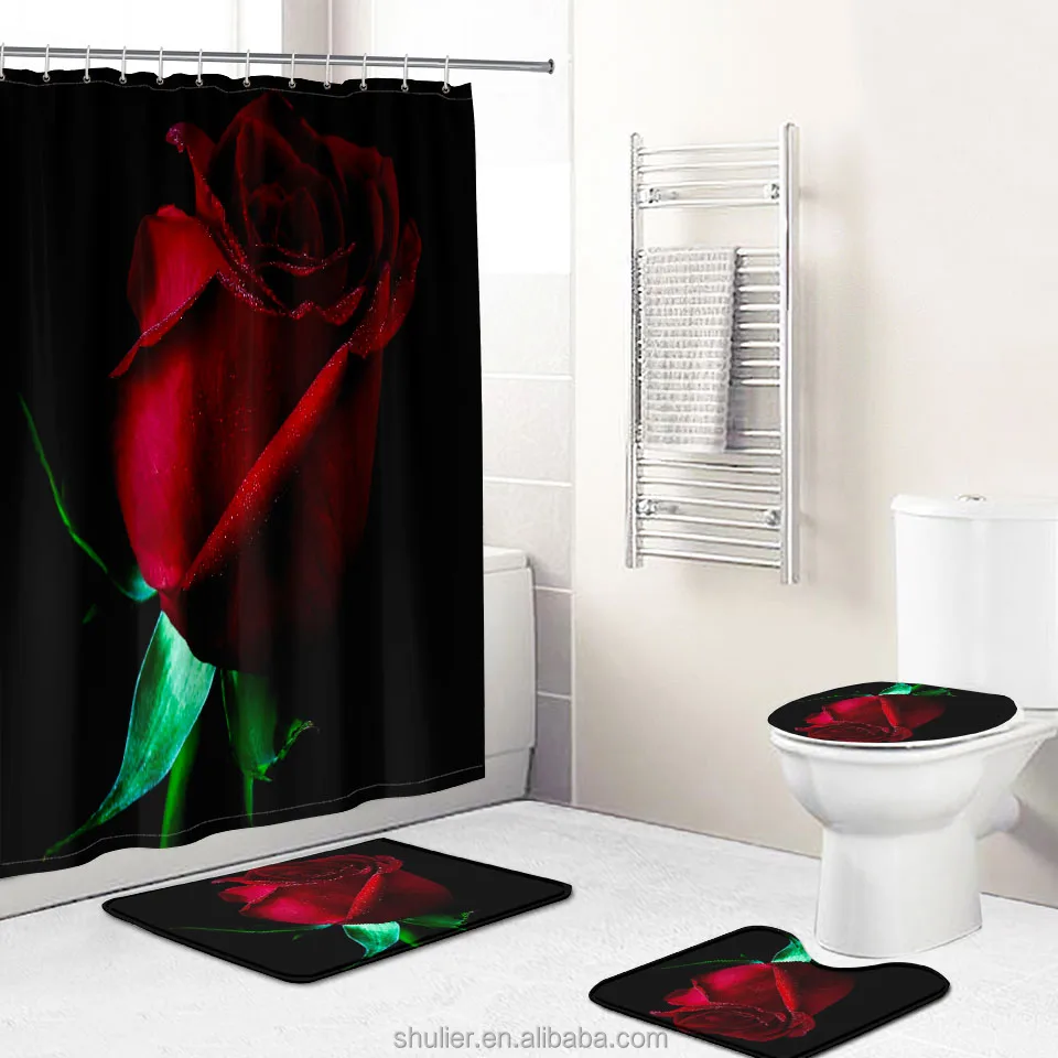 Gold Rose Black Bathroom Set 150/180CM Shower Curtain with Bath Mat Rug  Carpet for Toilet Decor Bathroom Accessories